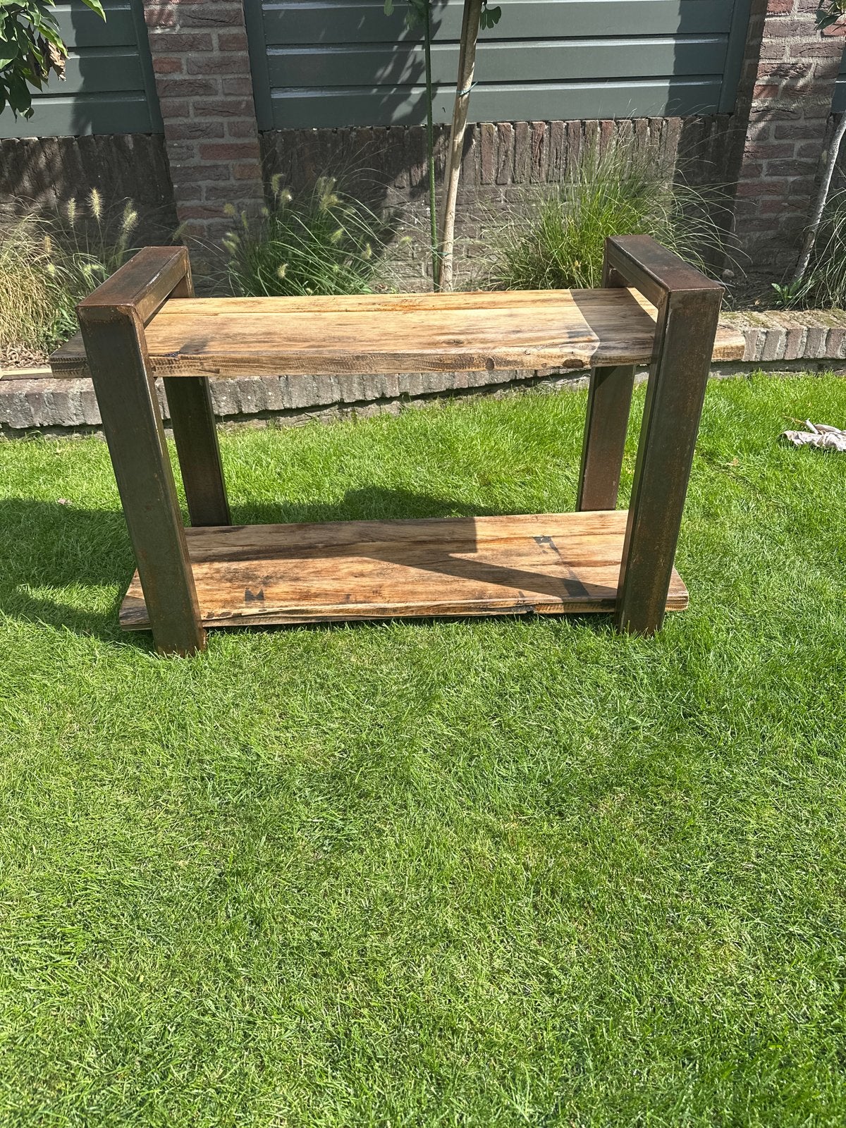 Zelfgemaakt sitetable industrielook met oude eikenplanken, Ophalen of Verzenden, Gebruikt