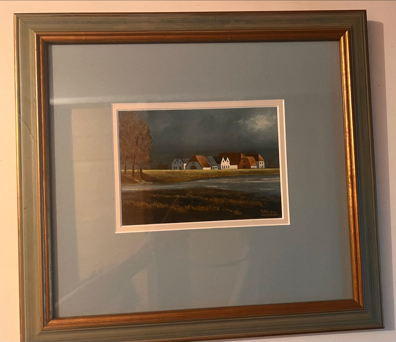 Schilderij van T. Frölich - Landschap met boerderijen, Antiek en Kunst, Ophalen, Doek, Realistisch, Gesigneerd