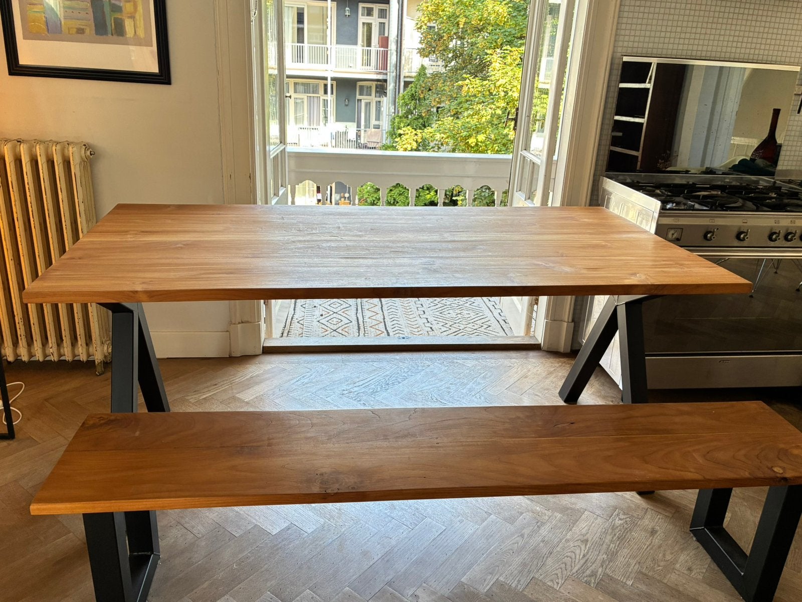 Eettafel + bank / Dining table + bench | Custom made, 180 cm, Huis en Inrichting, Ophalen, 50 tot 100 cm, Zo goed als nieuw, 150 tot 200 cm