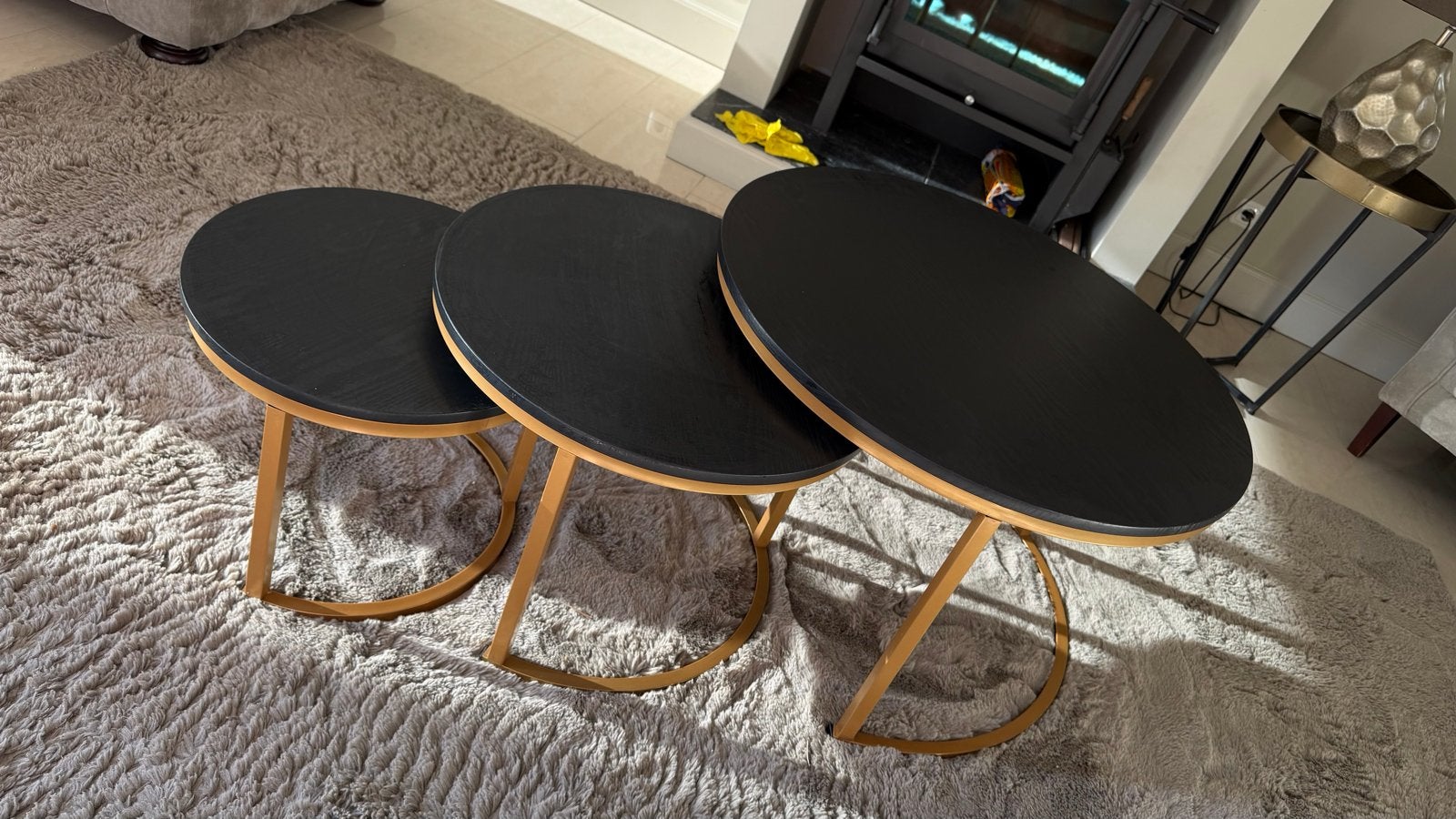 Set van 3 ronde salontafels - Zwart met goud, Huis en Inrichting, Tafels | Salontafels, Ophalen, Gebruikt, Rond, Metaal