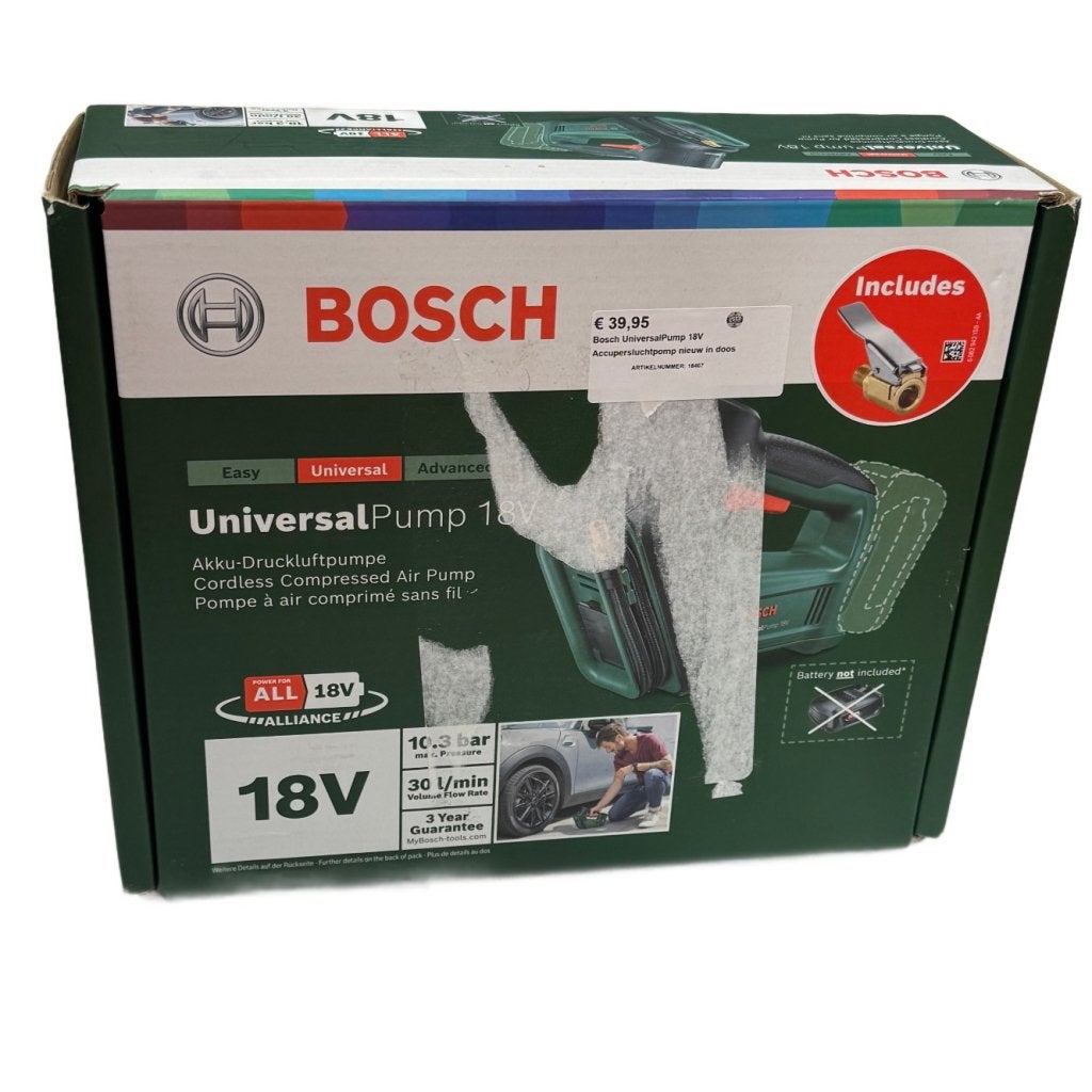 Bosch UniversalPump 18V Accupersluchtpomp nieuw in doos, Doe-het-zelf en Verbouw, Bosch, Nieuw, Support@bosch.com, Robert Bosch GmbH
Robert-Bosch-Platz 1
70839 Gerlingen-SchillerhÃ¶he
Germany