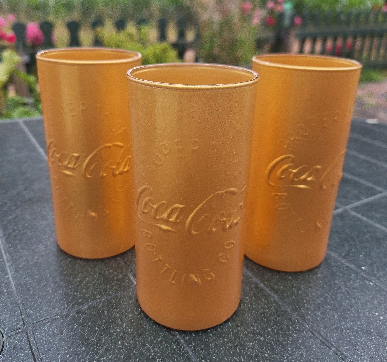 3 Coca Cola glazen - goud, Ophalen of Verzenden, Frisdrankglas