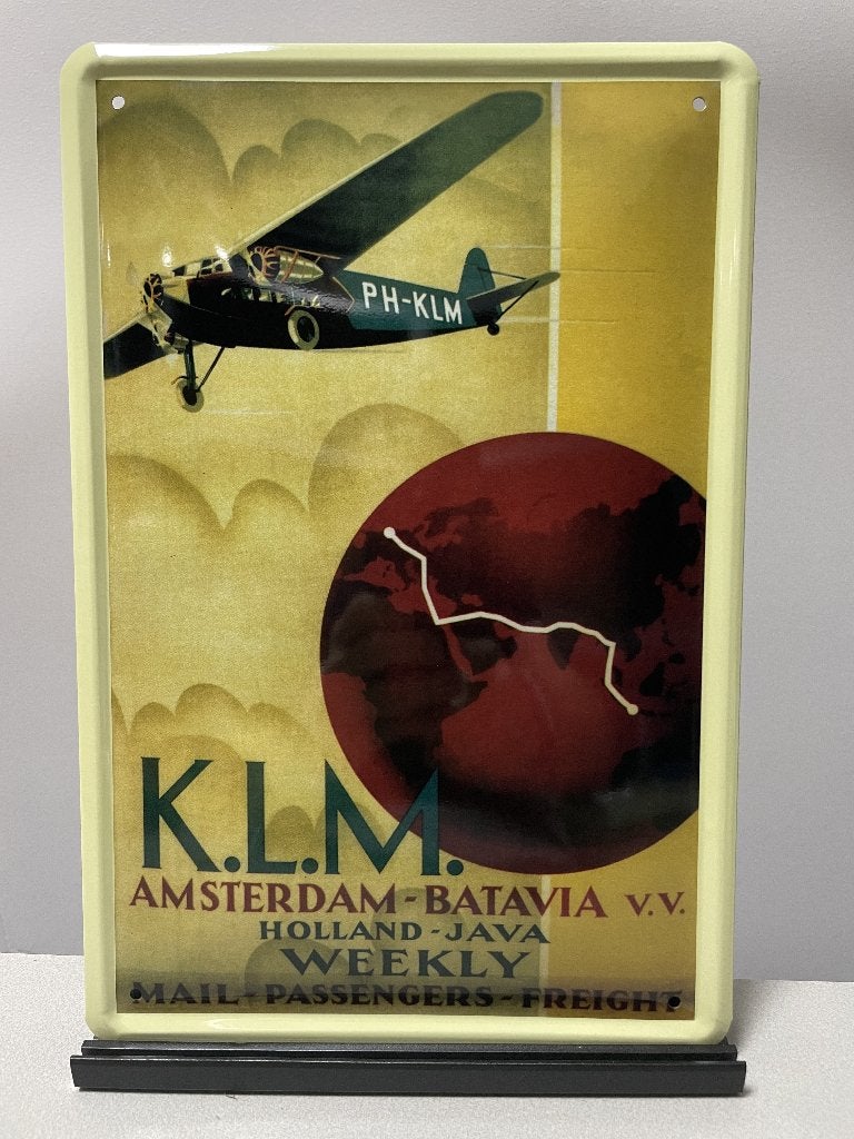 KLM Amsterdam - Batavia metalen reclamebord (Old Look), Verzamelen, Www.pand50.nl, Overige typen, Nieuw, Ophalen of Verzenden
