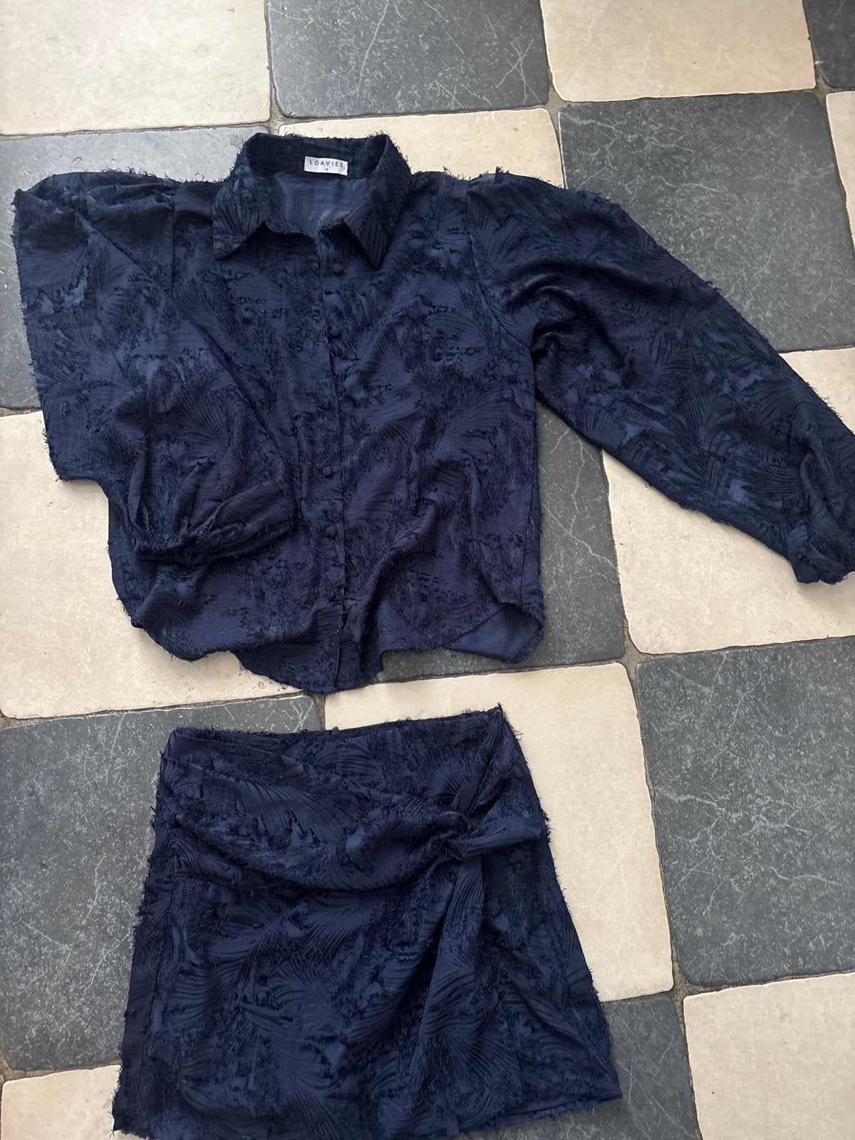 Loavies set: blouse en rokje in donkerblauw, Blauw, Ophalen of Verzenden, Zo goed als nieuw, Maat 34 (XS) of kleiner