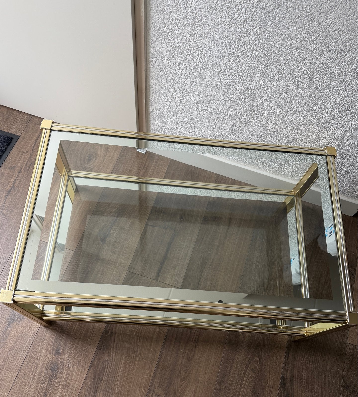 Glazen salontafel met gouden frame, Gebruikt, 100 tot 150 cm, Glas, 50 tot 100 cm