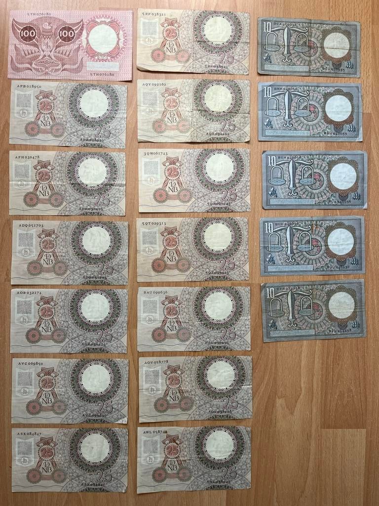 Guldens: 100, 25 en 10 gulden biljetten - Setje, Postzegels en Munten, Bankbiljetten | Nederland, Ophalen of Verzenden