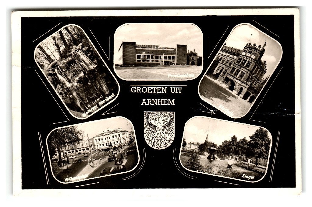 Arnhem, Groeten uit Arnhem - Opruimingskaart. Lees beschr., Ophalen of Verzenden, 1940 tot 1960, Gelopen, Gelderland