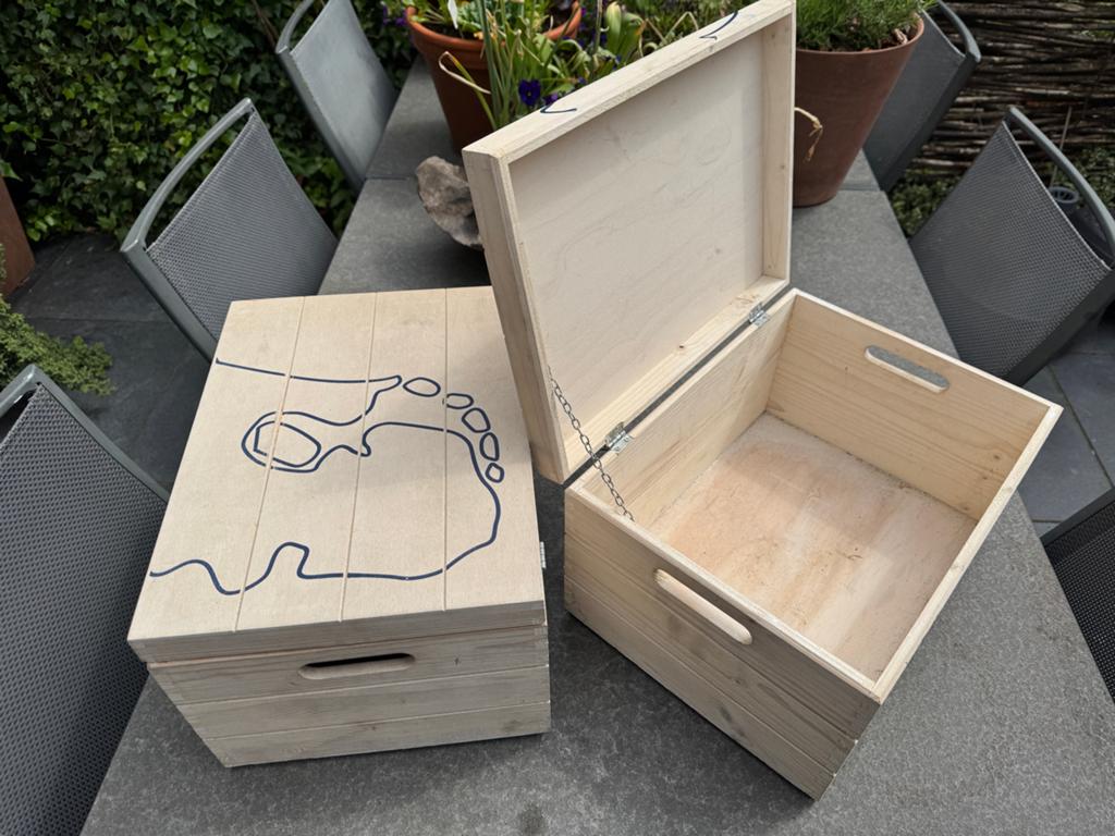 Twee houten kistjes met Nederland opdruk - Tuinspullen, Ophalen of Verzenden, Gebruikt, Overige houtsoorten, Minder dan 50 cm