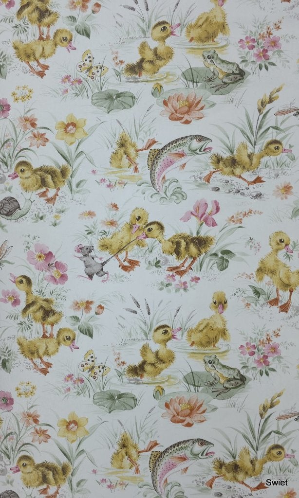 5088 vintage kinder behang met eendjes en dieren swiet, Ophalen of Verzenden, Geel