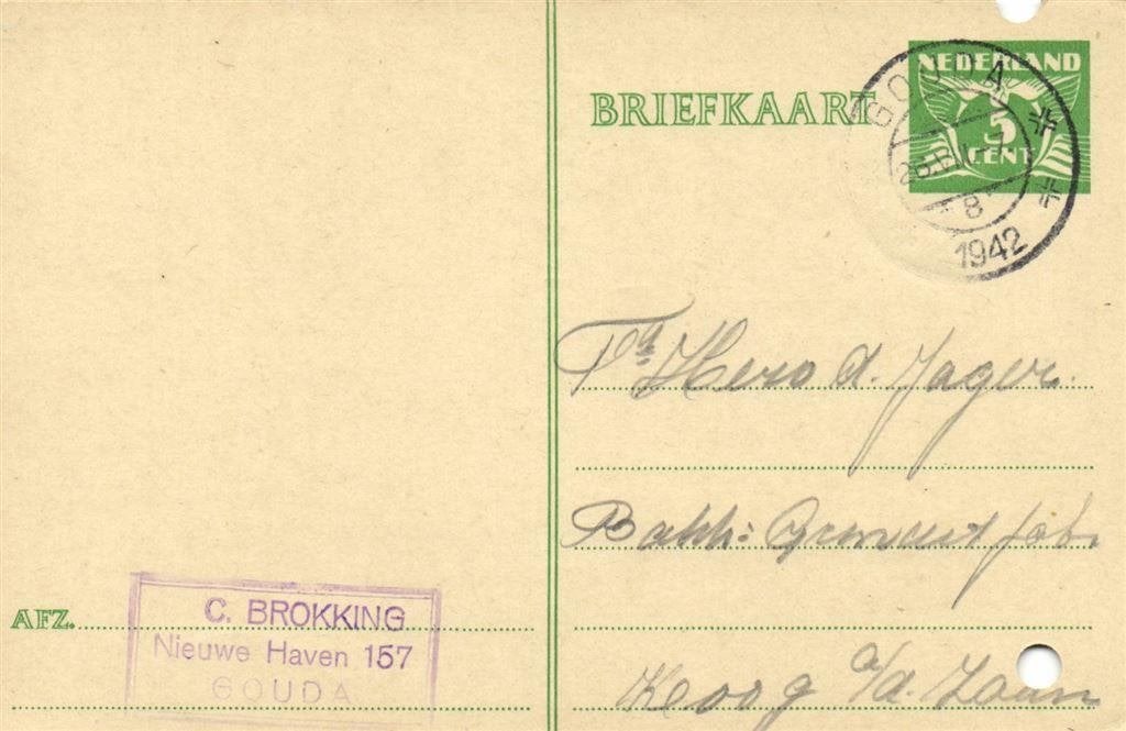 C. Brokking, Gouda - 08.1942 - briefkaart, Postzegels en Munten, Brieven en Enveloppen | Nederland, Ophalen of Verzenden, Briefkaart