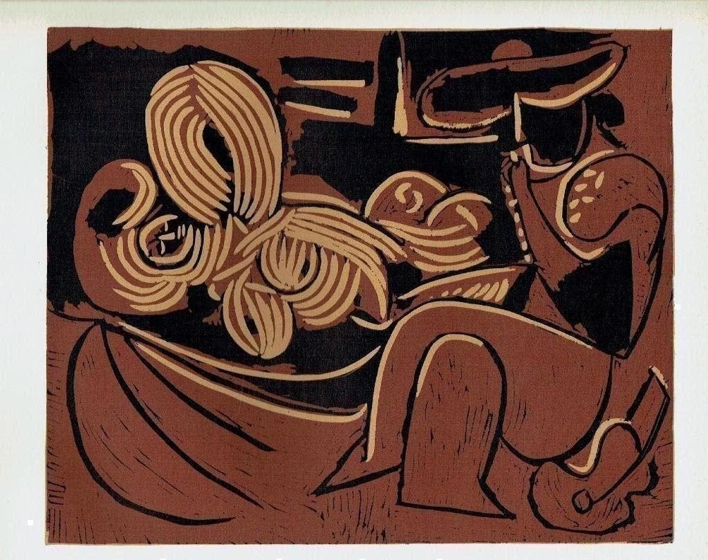 Picasso Reclining Woman and Picador with Guitar Linocut, Antiek en Kunst, Verzenden, Houtsnede