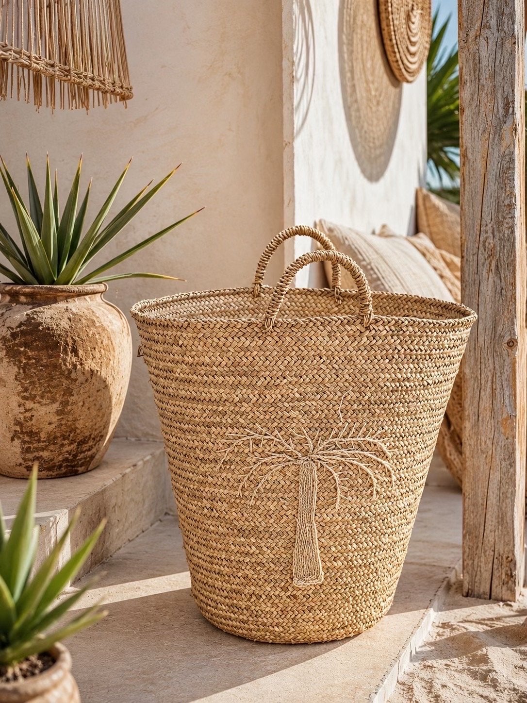 Handgevlochten Marokkaanse mand - 60x50 cm, Huis en Inrichting, Gevlochten, Mand, Rond, Nieuw