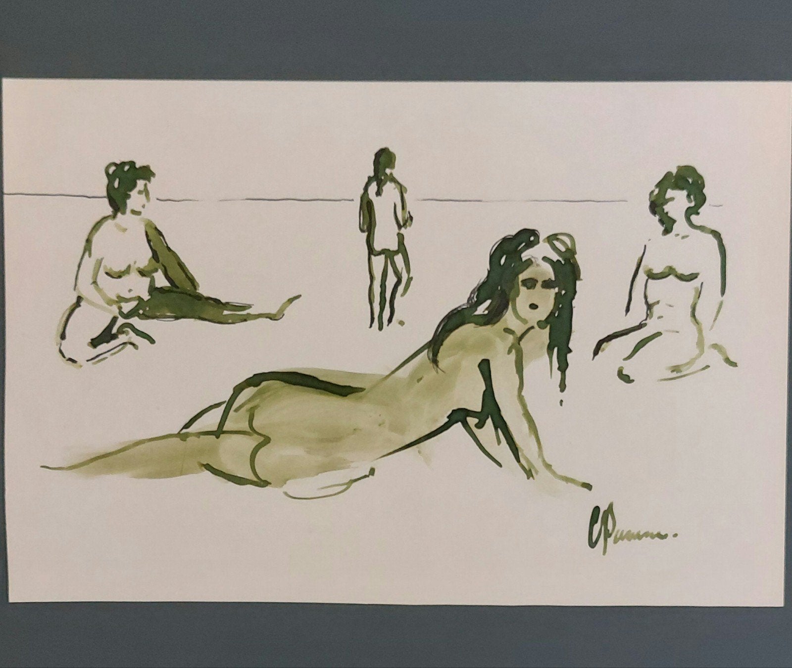 Inkt- en gewassen tekening Cees Paauw strandscene, Antiek en Kunst, Ophalen of Verzenden
