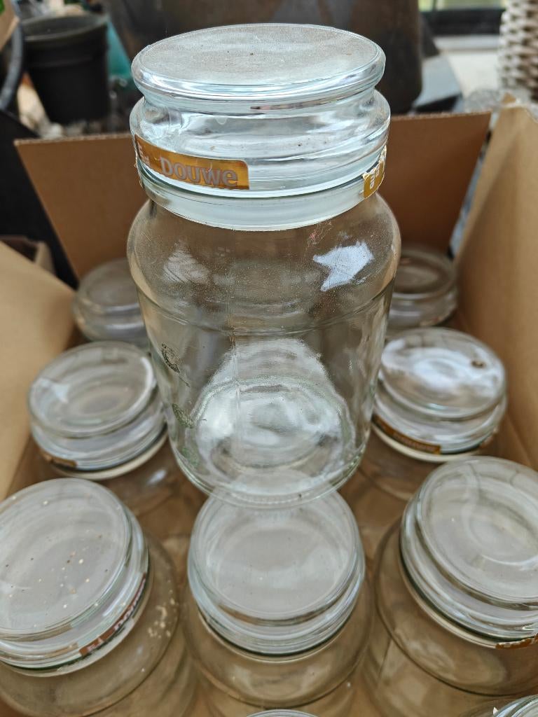 Lege glazen potten Douwe Egberts, Huis en Inrichting, Keuken | Potten en Pannen, Ophalen of Verzenden, Gebruikt, Glas, Pot, Bus of Blik