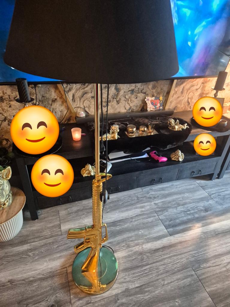 Gouden gun lamp met zwarte kap, Ophalen, Gebruikt, Modern, Uniek, 100 tot 150 cm