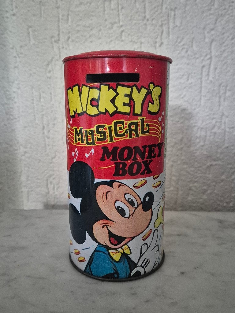 Oude blikken "Mickey's musical money box" van Walt Disney., Ophalen of Verzenden, Mickey Mouse, Gebruikt, Overige typen