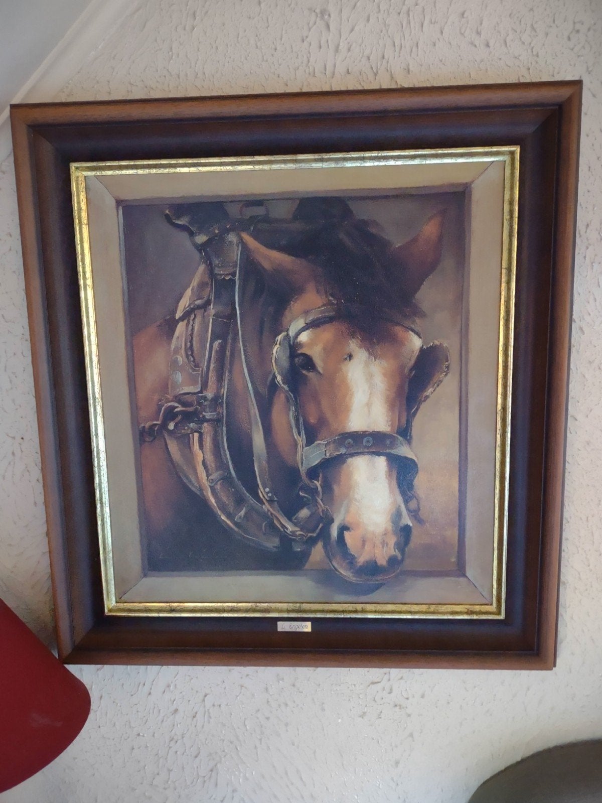 Klassiek schilderij van paard met tuig - Leon Engelen, Ophalen, Ingelijst, Doek, Dieren