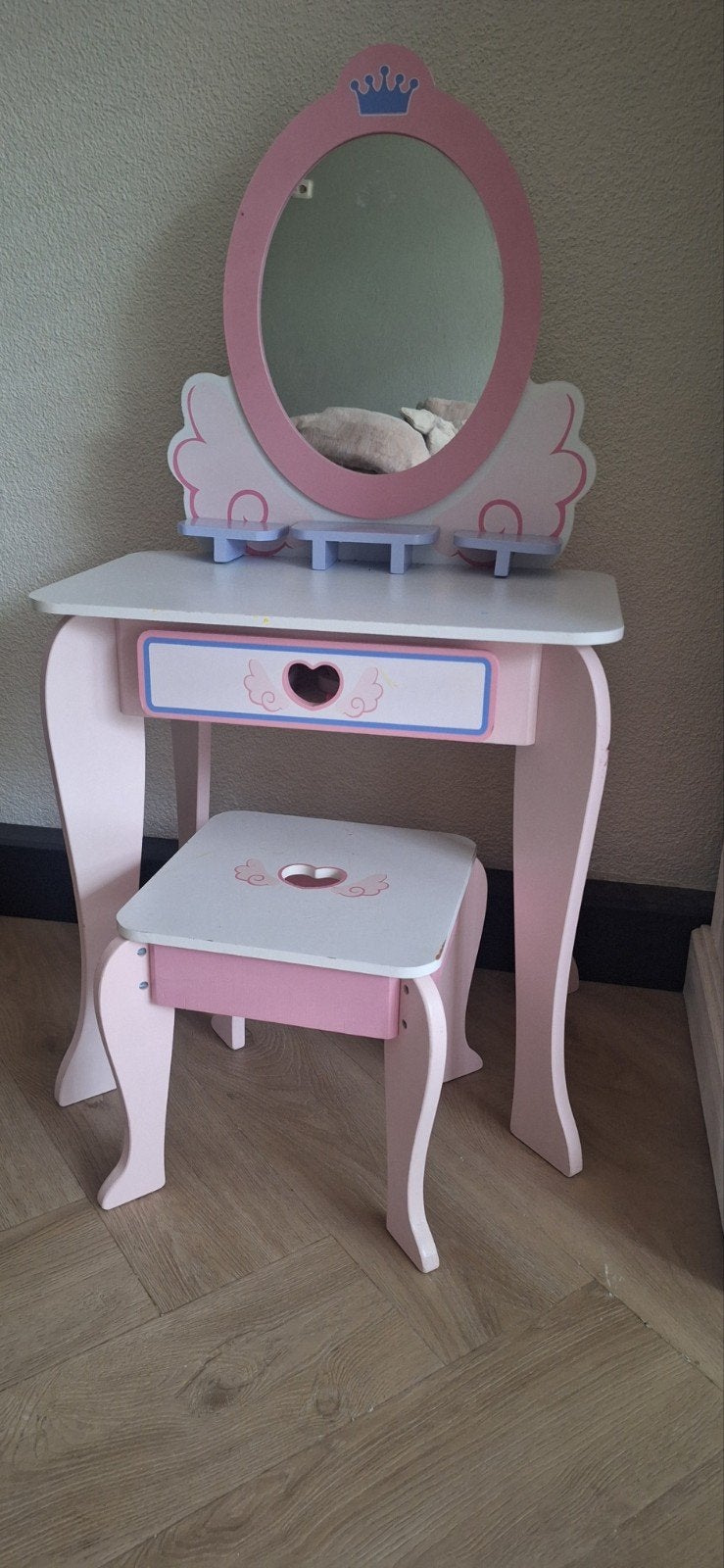 Roze houten kaptafel met krukje en accessoires, Ophalen, Gebruikt, Meisje
