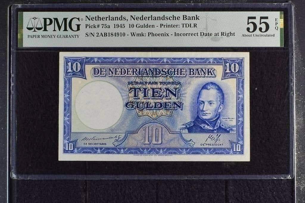 Heel mooi biljet 10 gulden Willem 1 / mijnen, 1945 - PMG 55, Ophalen of Verzenden, 10 gulden