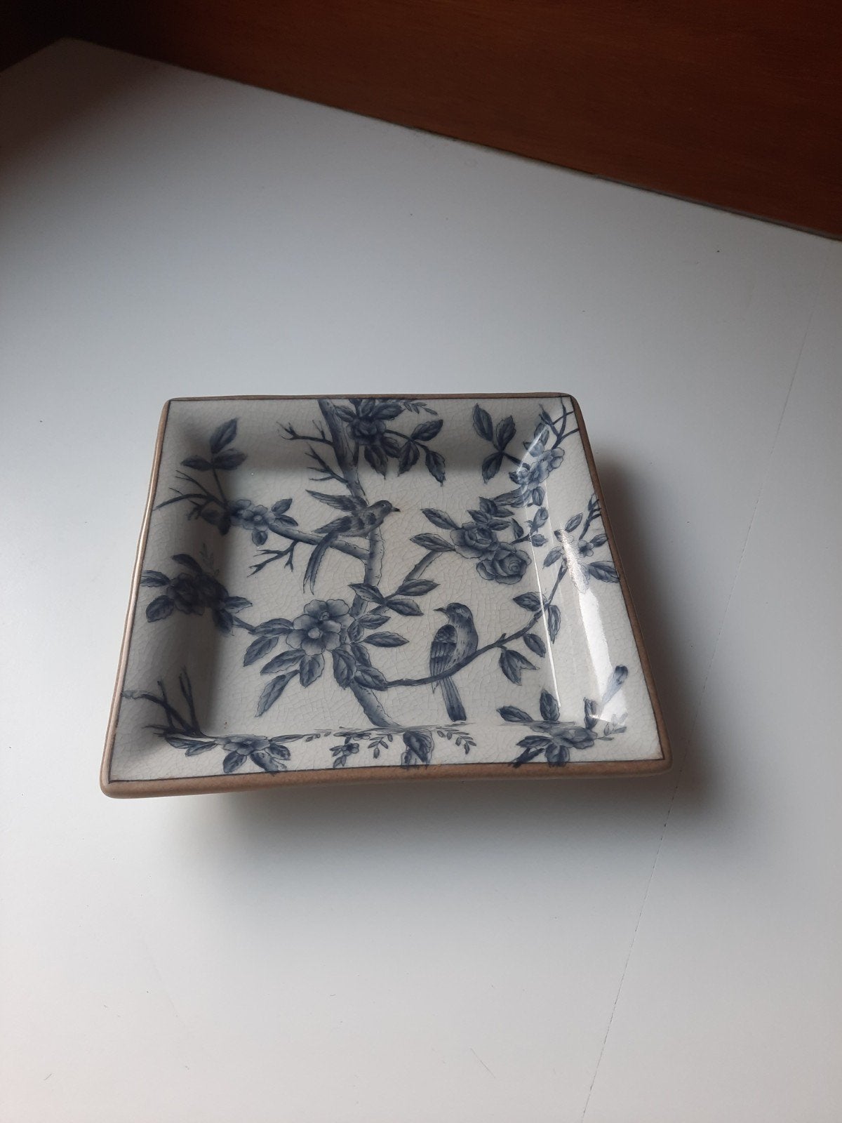 Vierkante serveerschotel blauwwit met vogeltjes en takjes, Ophalen