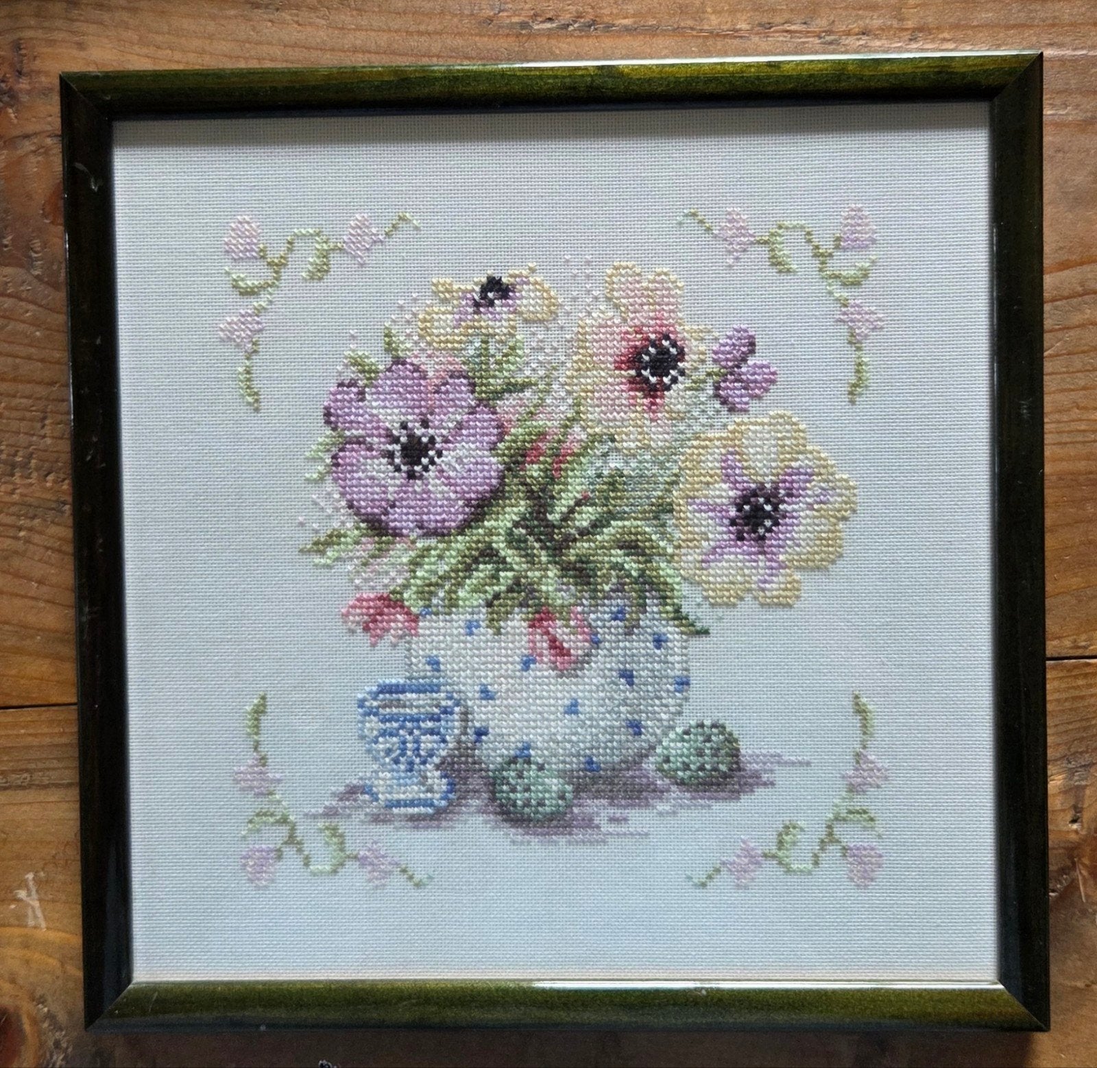 Geborduurd bloemen schilderij in lijst, Minder dan 50 cm, Gebruikt, Ophalen of Verzenden, Schilderij