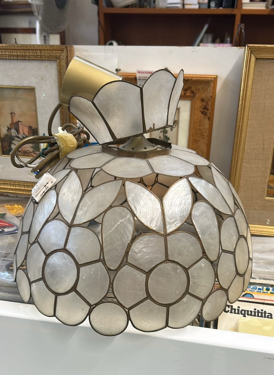 Vintage capiz schelpen hanglamp met bloemmotief – jaren 60, Ophalen, Gebruikt, Natuurlijk materiaal, Bohemian