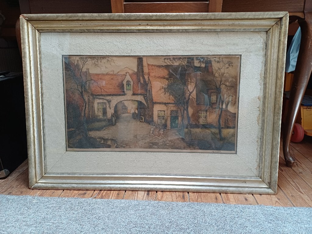 Ets in kleur, Antiek en Kunst, Kunst | Etsen en Gravures, Ophalen, Ingelijst, Dagelijks leven, Ets