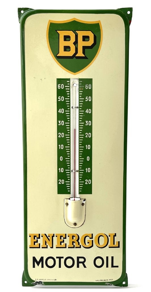 Origineel oud emaille reclame bord BP Motor Oil Thermometer, Verzamelen, Ophalen of Verzenden, Gebruikt, Reclamebord