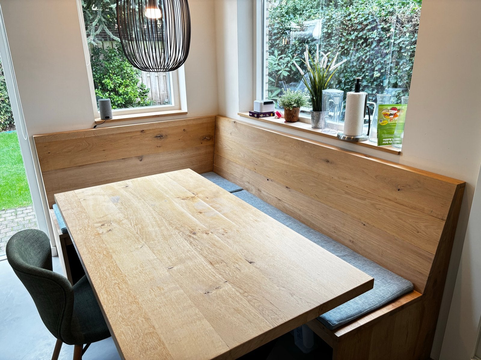 Op maat gemaakte keukenzitbank van eikenhout - 148x218, Huis en Inrichting, Ophalen, 150 tot 200 cm, Driepersoons, 75 tot 100 cm