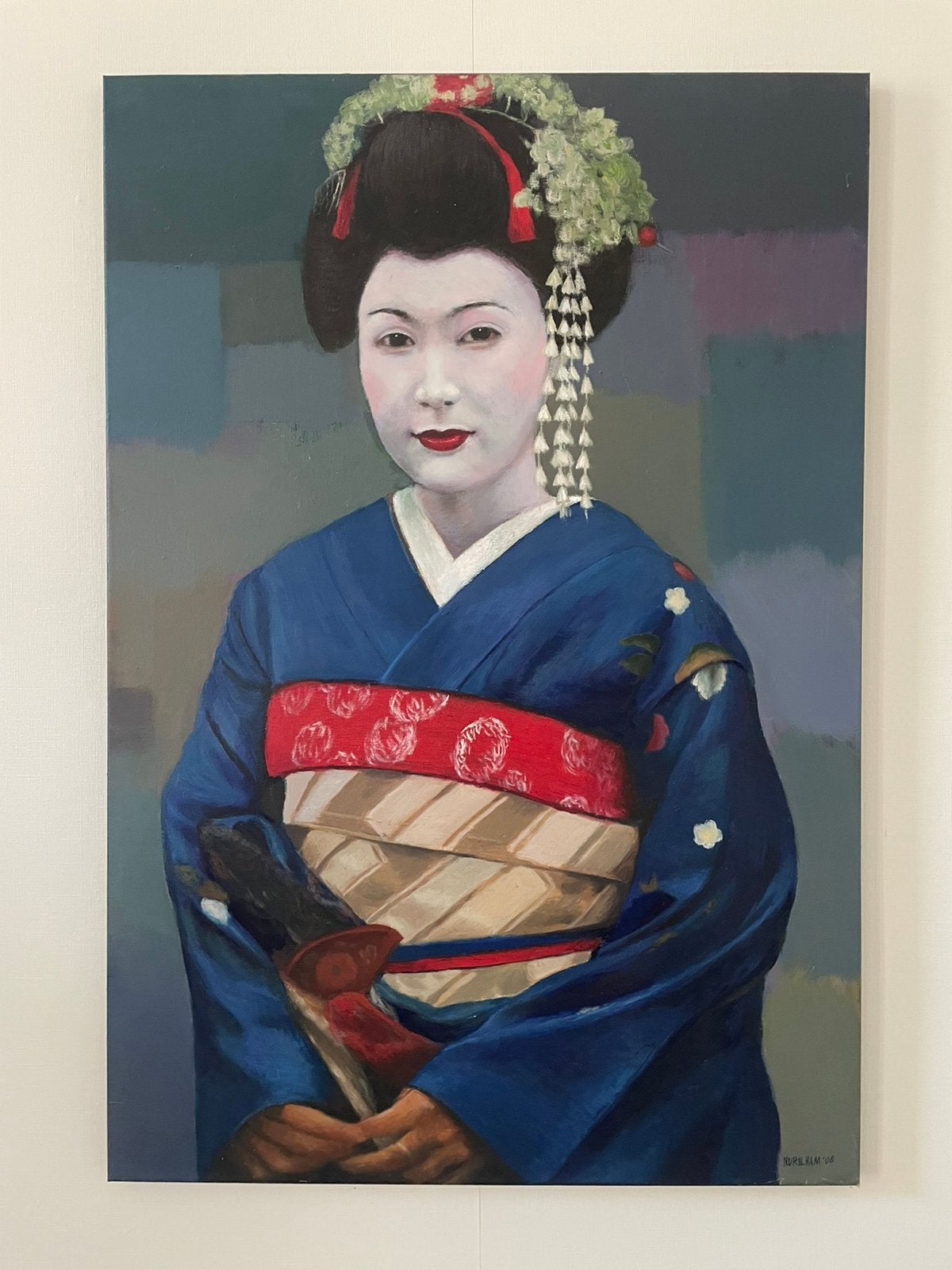 Prachtig olieverfschilderij Geisha, Maiko, Japan - Nur Ilham, Antiek en Kunst, Doek, Portret of Personen, Realistisch, Ophalen of Verzenden