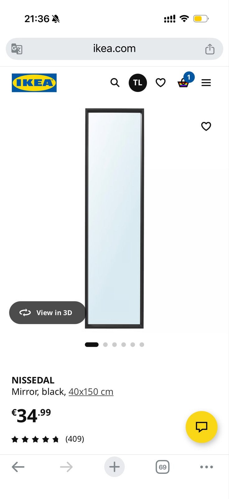IKEA NISSSEDAL spiegel, zwart, 40x150 cm - Zo goed als nieuw, Minder dan 50 cm, 100 tot 150 cm, Ophalen of Verzenden, Zo goed als nieuw