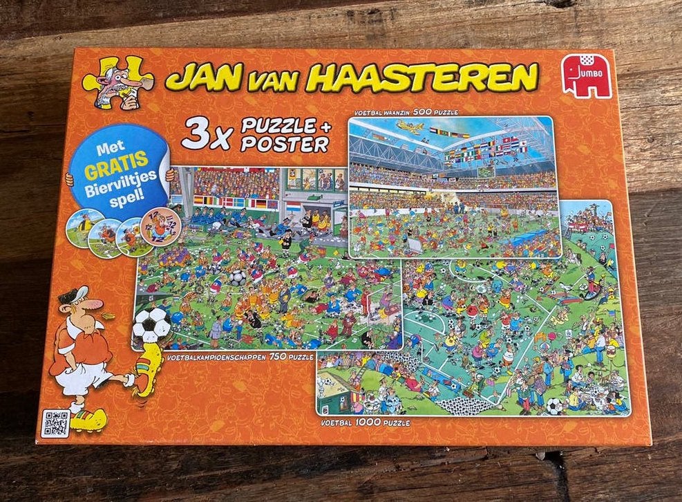 Jan van Haasteren 3 puzzels in 1 doos, Ophalen of Verzenden, 500 t/m 1500 stukjes, Zo goed als nieuw, Legpuzzel