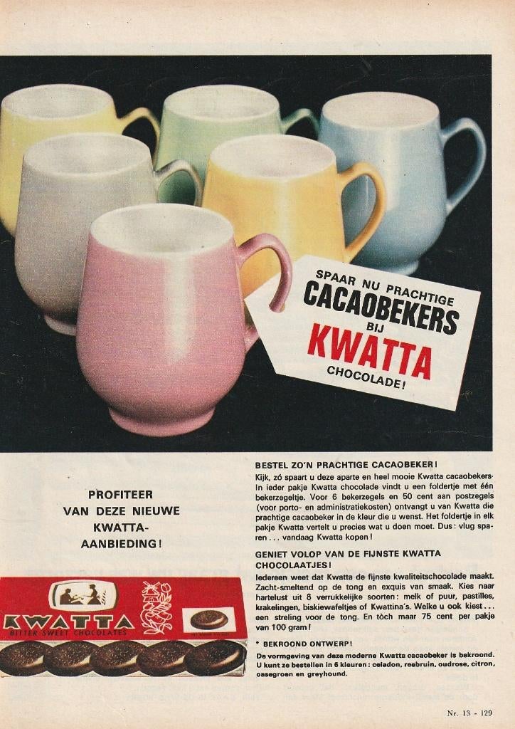 Retro reclame 1964 Kwatta chocolade 6 kleuren bekers, Verzenden, Overige typen
