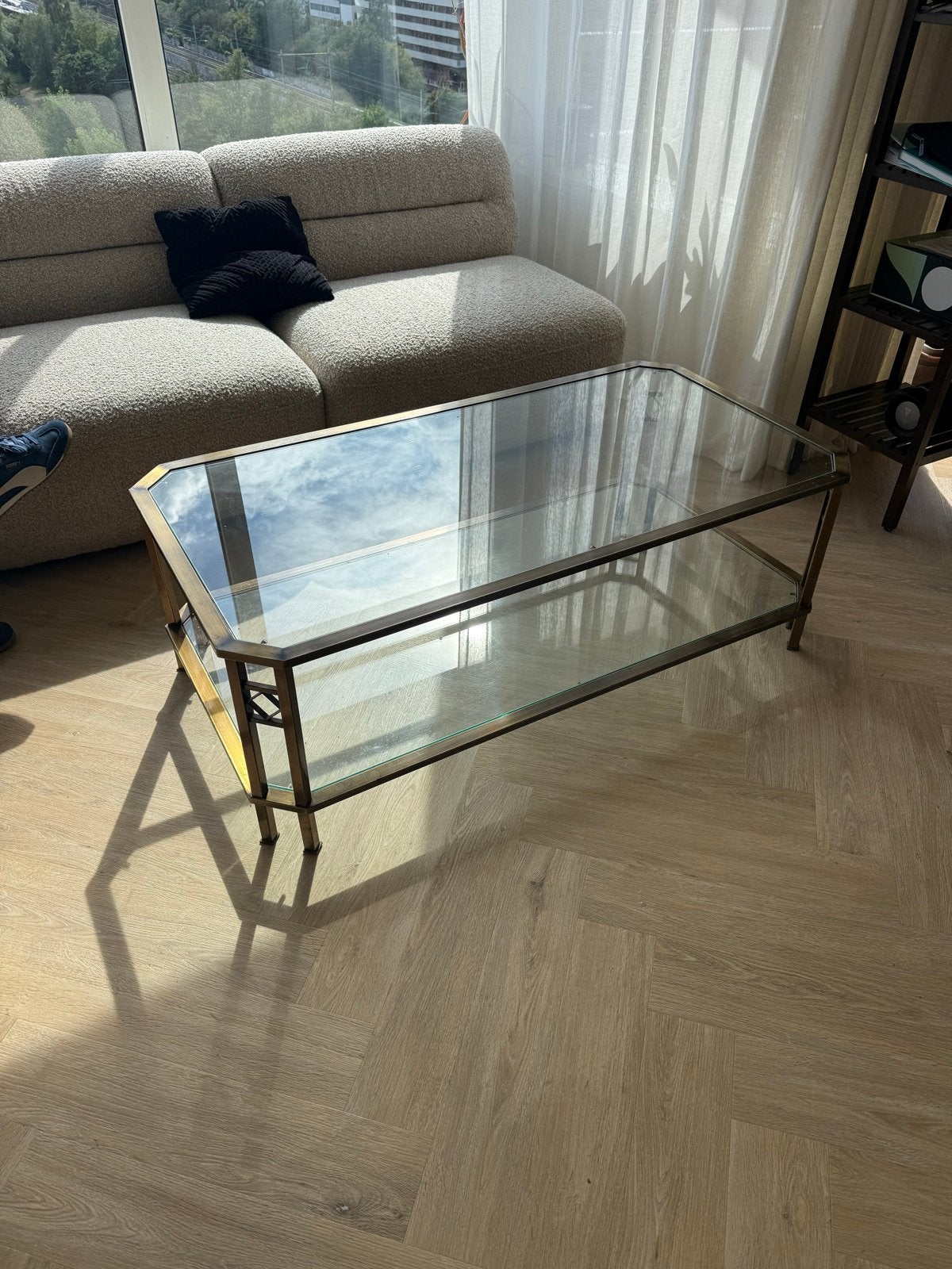 Glazen salontafel met messing frame, Ophalen, Gebruikt, 100 tot 150 cm, 50 tot 100 cm