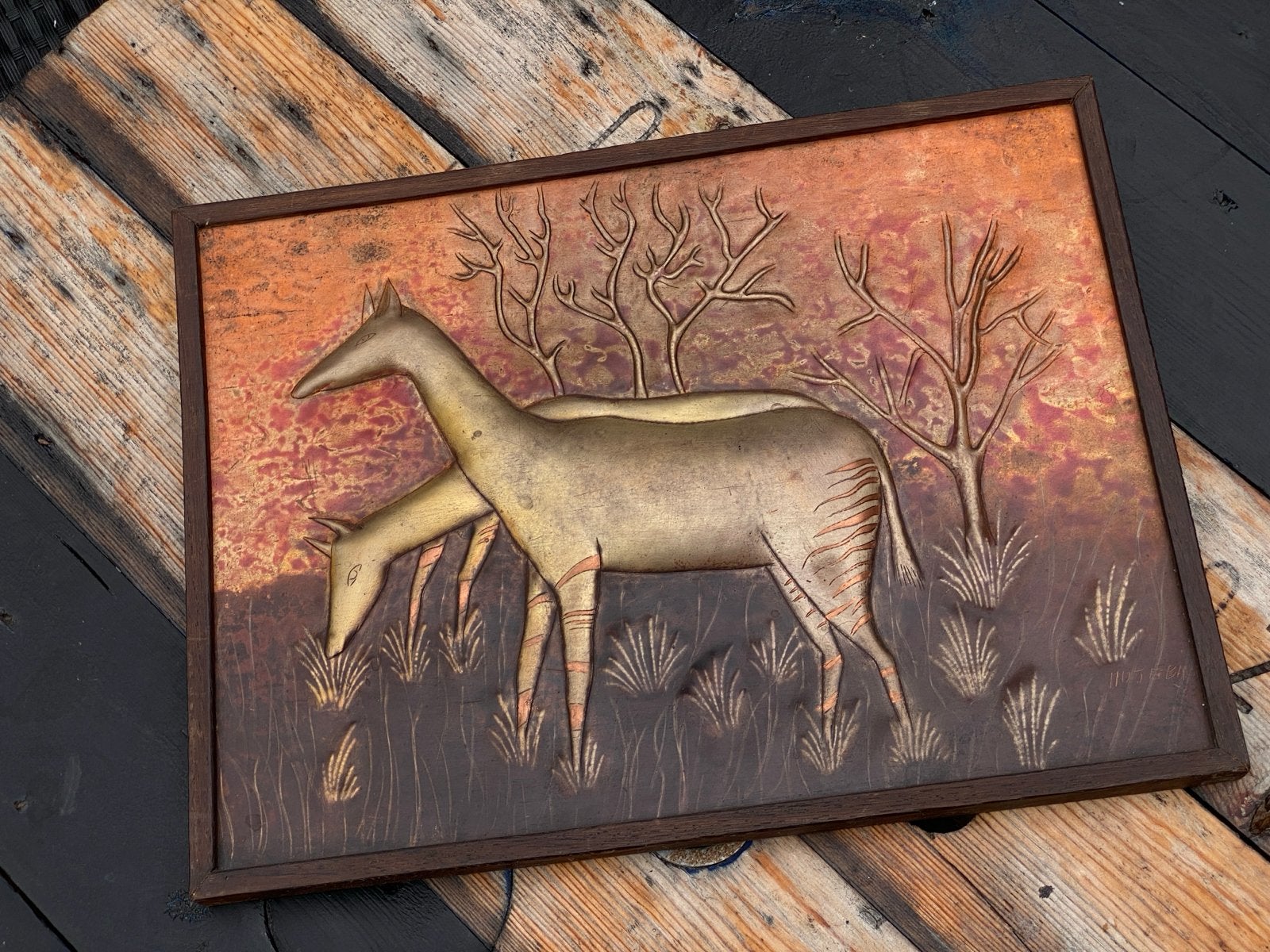 Okapi koperen plaat met houten omlijsting - Gesigneerd Muteb, Ophalen