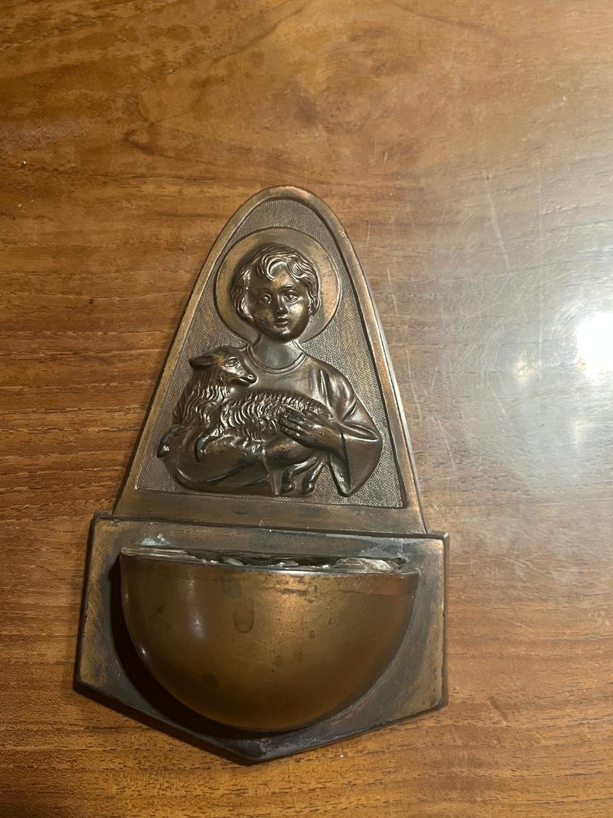 Antiek wijwaterbakje met Jezus en lam, Ophalen of Verzenden