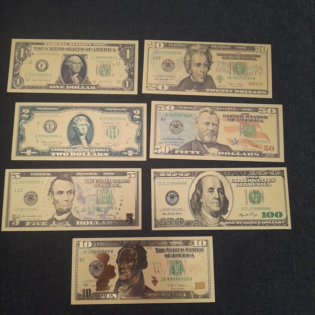 Set van 7 Amerikaanse goldplate dollar biljetten (replica), Ophalen of Verzenden, Nieuw