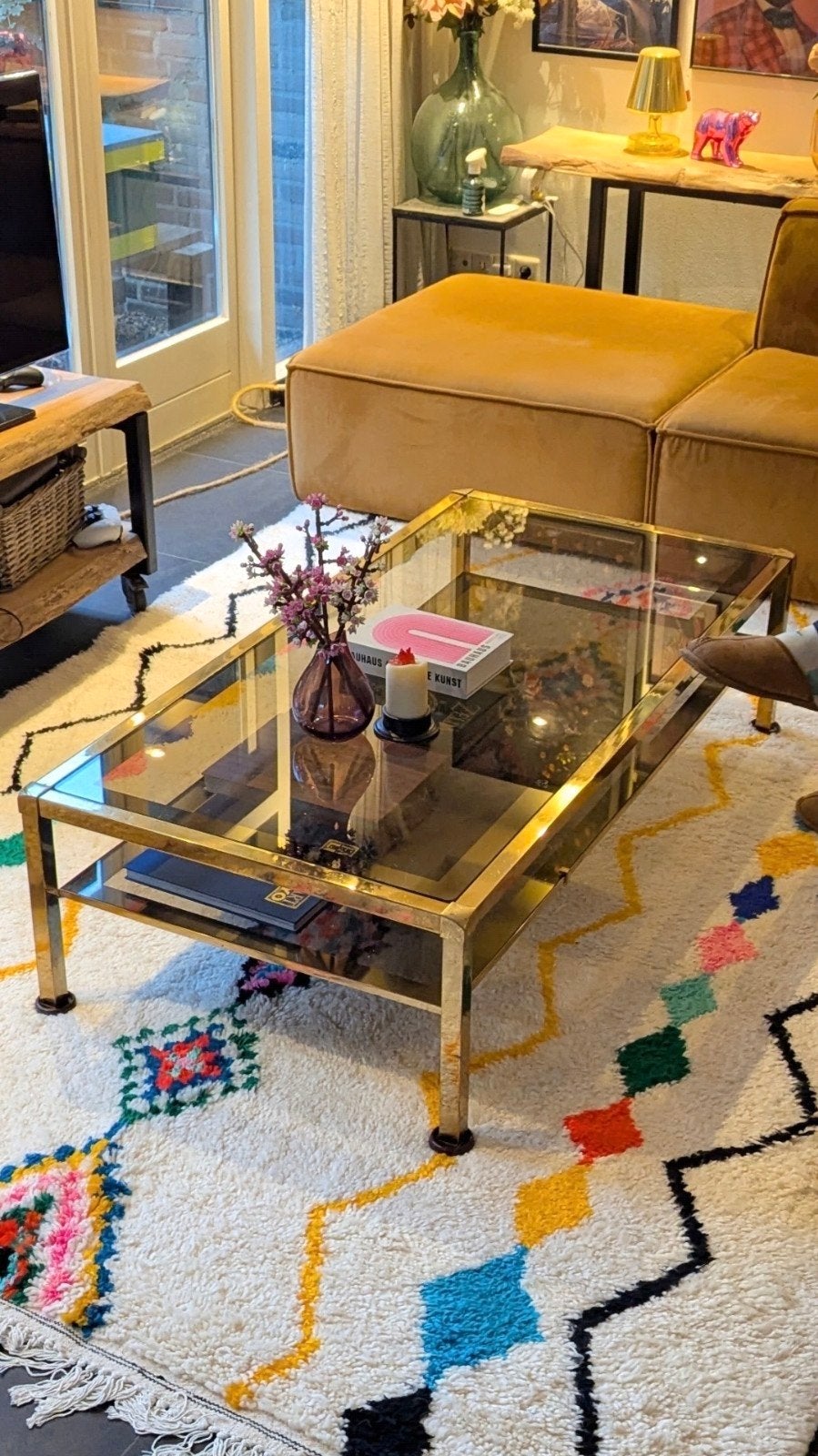 Messing gouden salontafel met rookglas / glazen blad, Gebruikt, 100 tot 150 cm, Glas, Rechthoekig