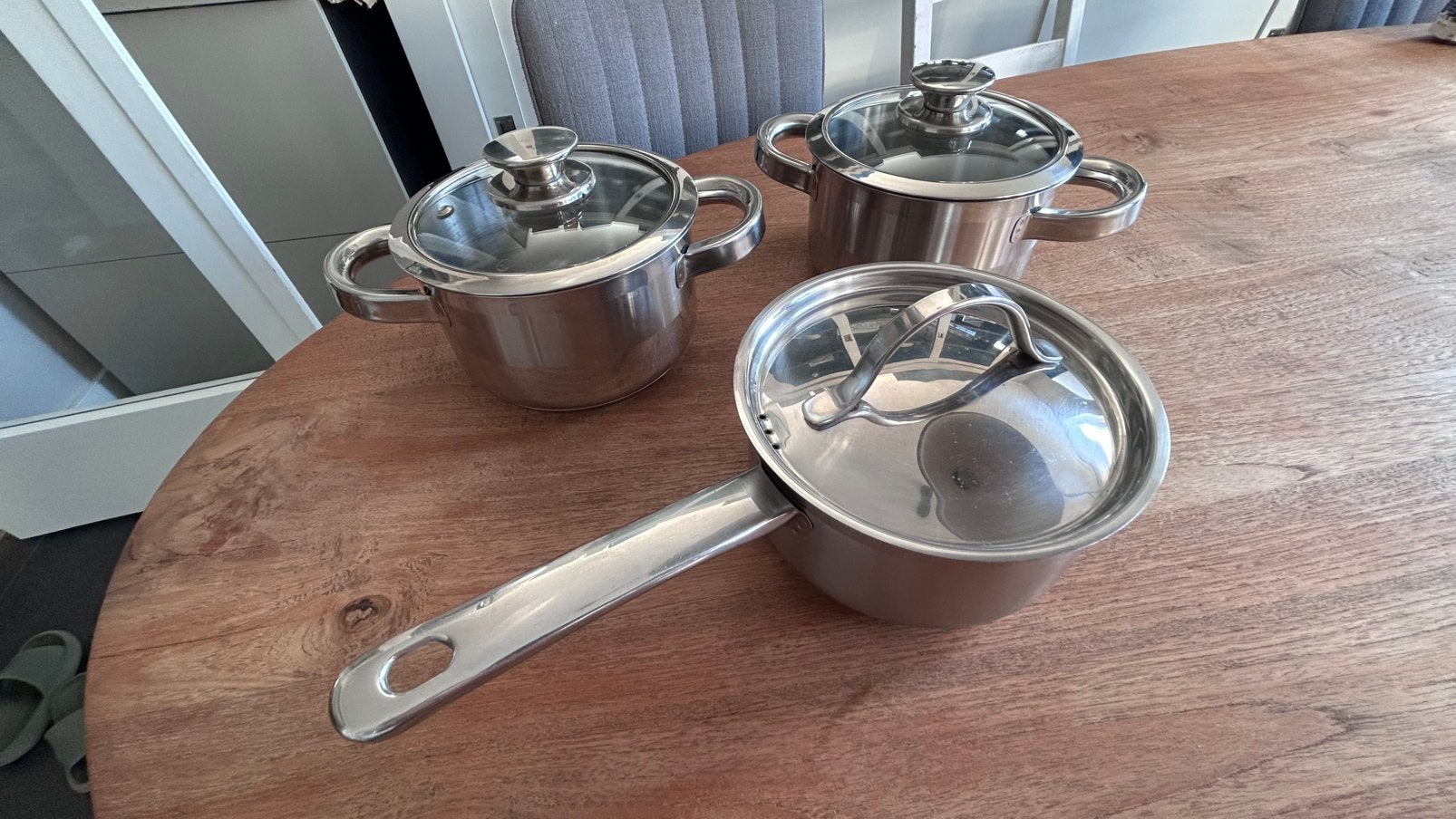 Set van 3 RVS pannen Sola / Nameta (saus en kook) met deksel, Huis en Inrichting, Keuken | Potten en Pannen, Met deksel, Ophalen of Verzenden