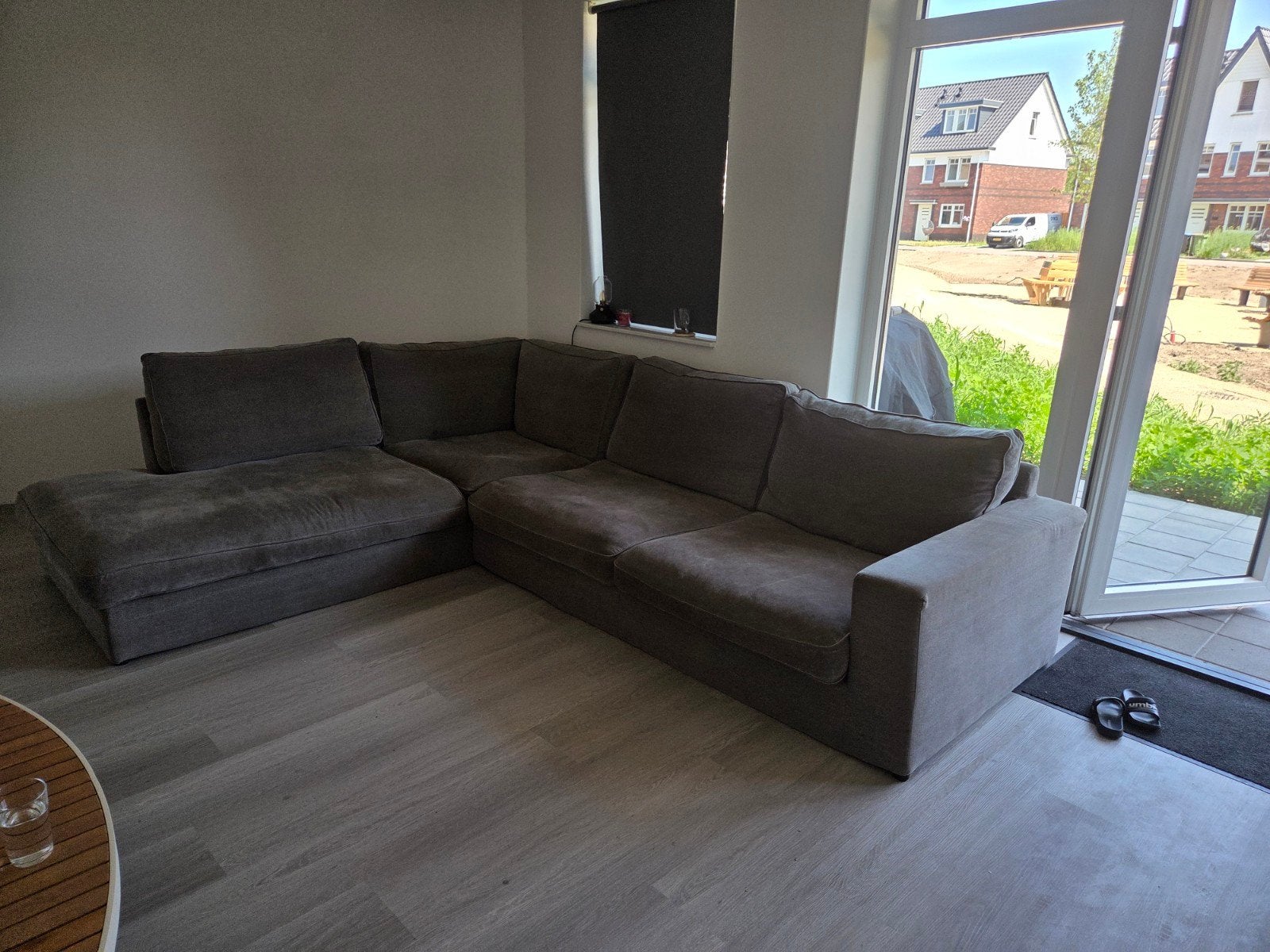 Comfortabele Grijze Hoekbank met Longchair, Ophalen, Gebruikt, Hoekbank, 300 cm of meer