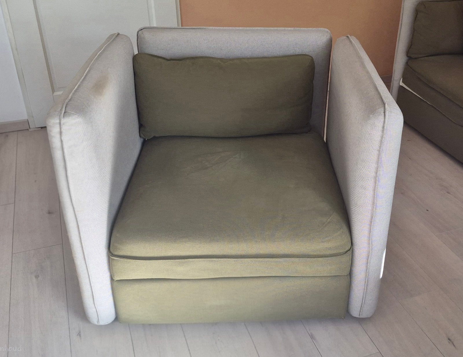 Fauteuil olijfgroen/grijs, Huis en Inrichting, Ophalen, Gebruikt, 75 tot 100 cm, 75 tot 100 cm