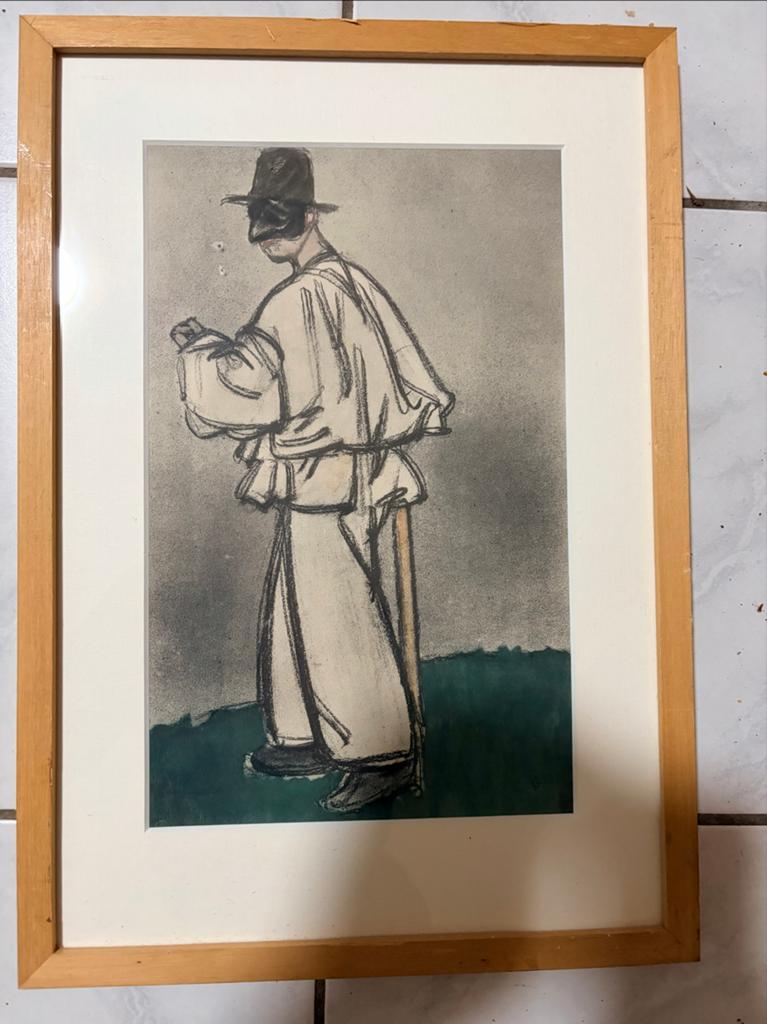 Ingelijste prent van een figuur met masker en hoed, Ophalen of Verzenden