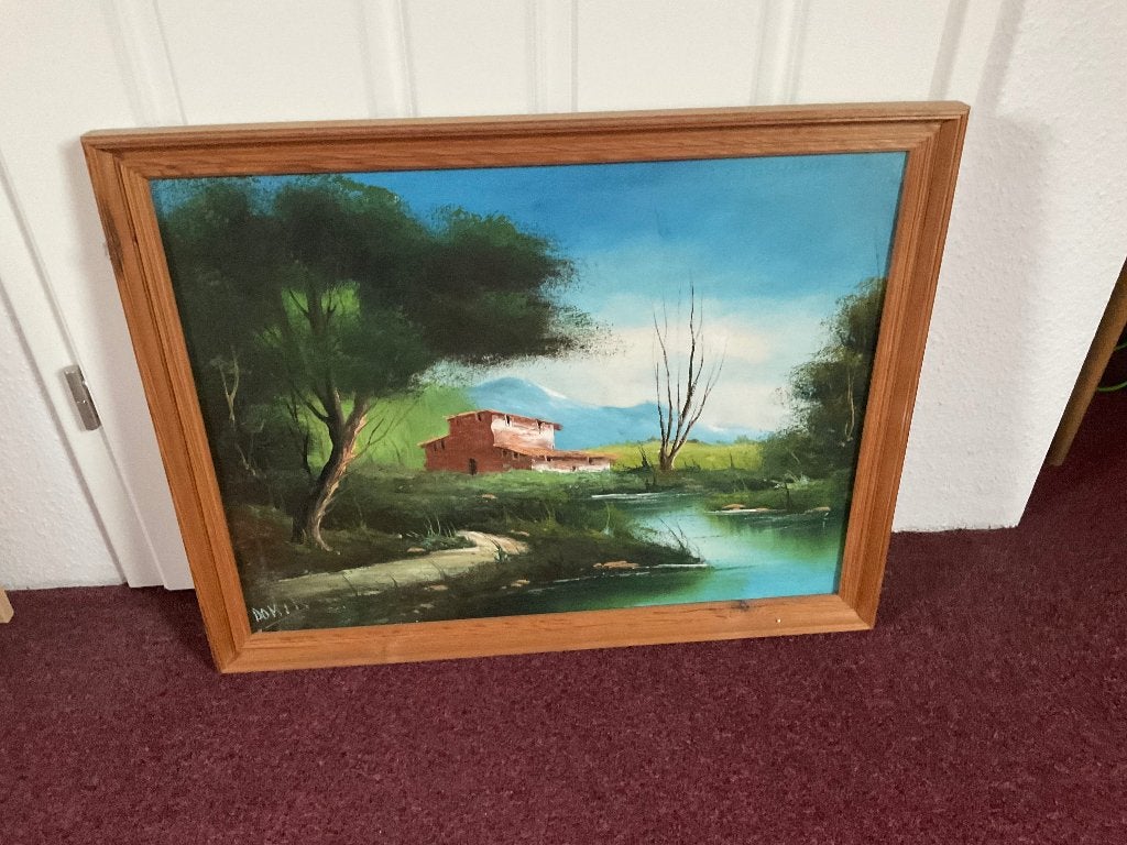 Pracht schilderij houten lijst, Spaanse Finca 78,5x61,5, Overige stijlen, Doek, Overige technieken, Ophalen of Verzenden
