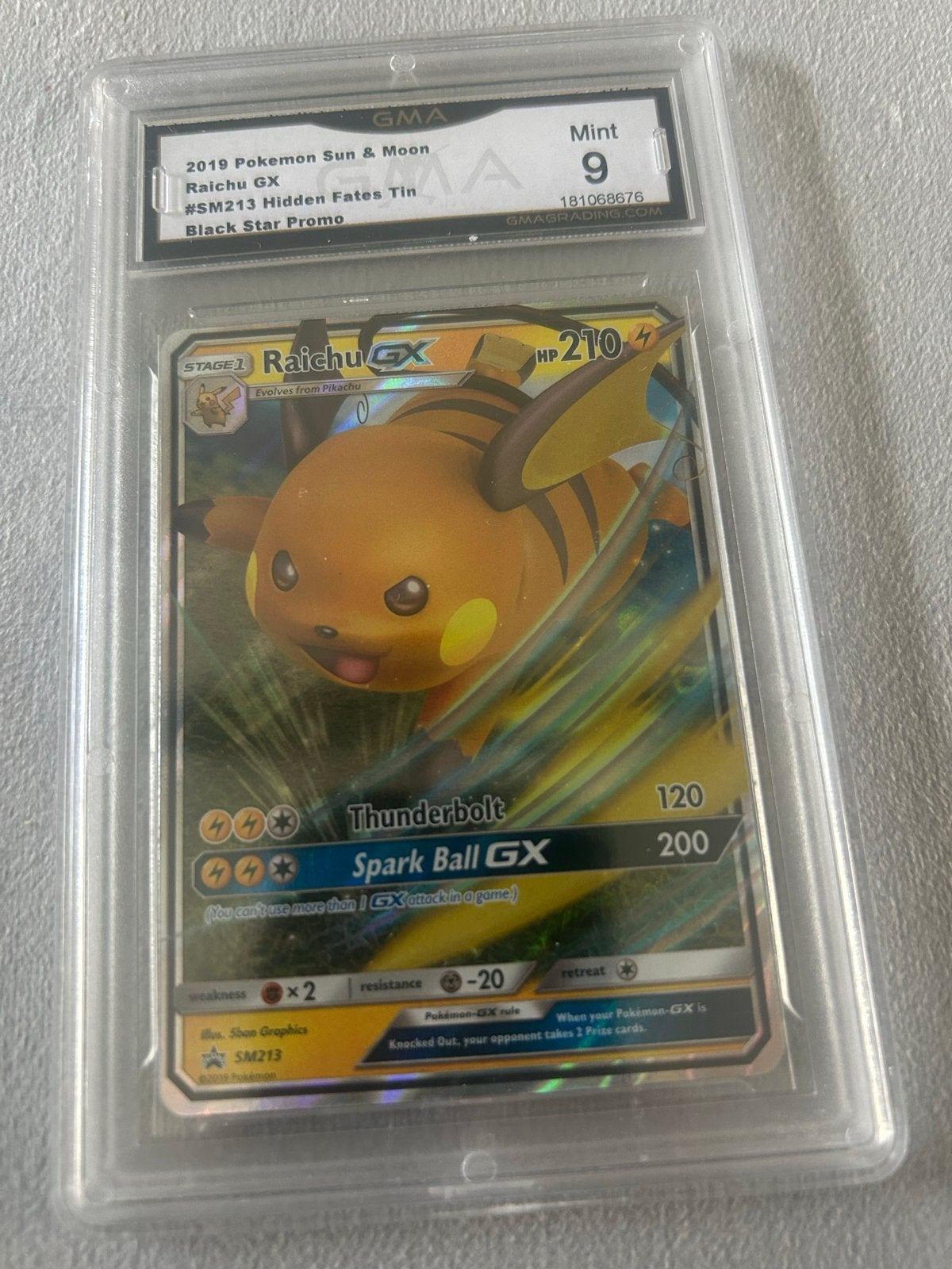 Raichu GX SM213 GMA 9 Mint - Hidden Fates Tin Promo, Hobby en Vrije tijd, Ophalen of Verzenden, Zo goed als nieuw, Losse kaart
