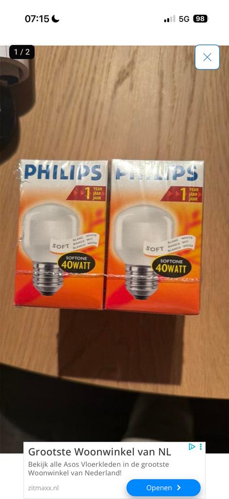 Philips softone 40 of 25 watt E 27, 30 tot 60 watt, Nieuw, Klein bolletje zie foto, Soft of Flame