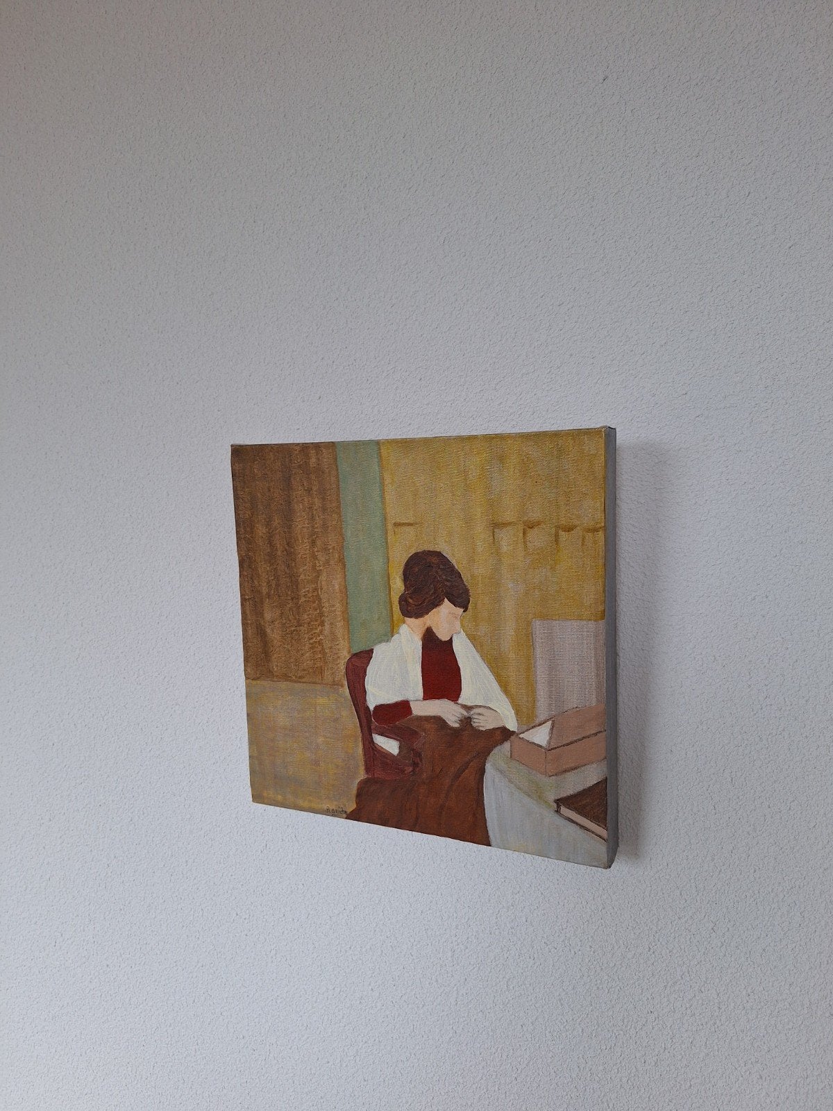 Vrouw in stoel - Acrylverfschilderij op doek, Antiek en Kunst, Kunst | Schilderijen | Klassiek, Acrylverf, Stilleven, Ophalen of Verzenden