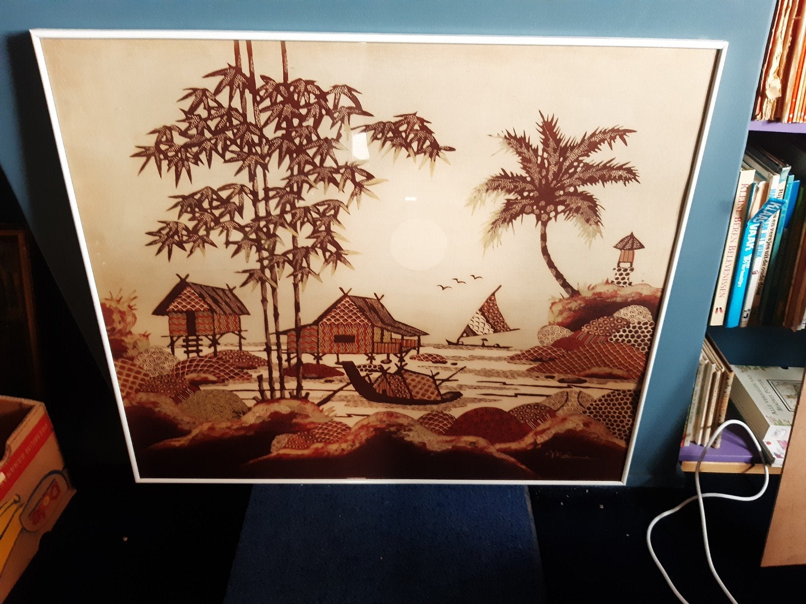 Uniek Oosters landschap schilderij met bamboe en palmen, Overige stijlen, Ophalen of Verzenden, Landschap, Papier