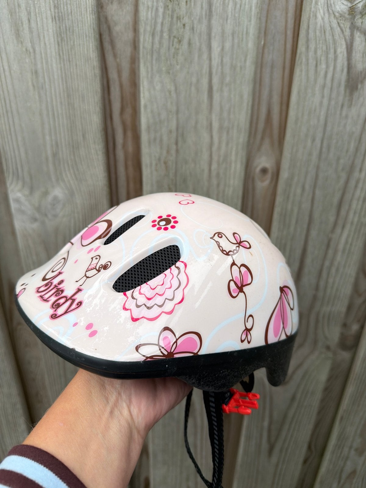 Leuke roze kinderfietshelm met vogeltjes en bloemen, Ophalen, Gebruikt, Overige maten, Meisje