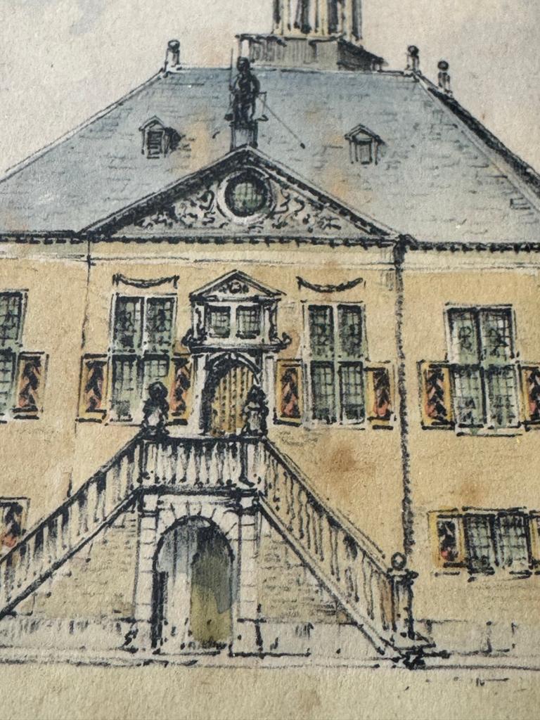 Oude aquarel van stadhuis Vlaardingen met lijst, gesigneerd, Ophalen of Verzenden