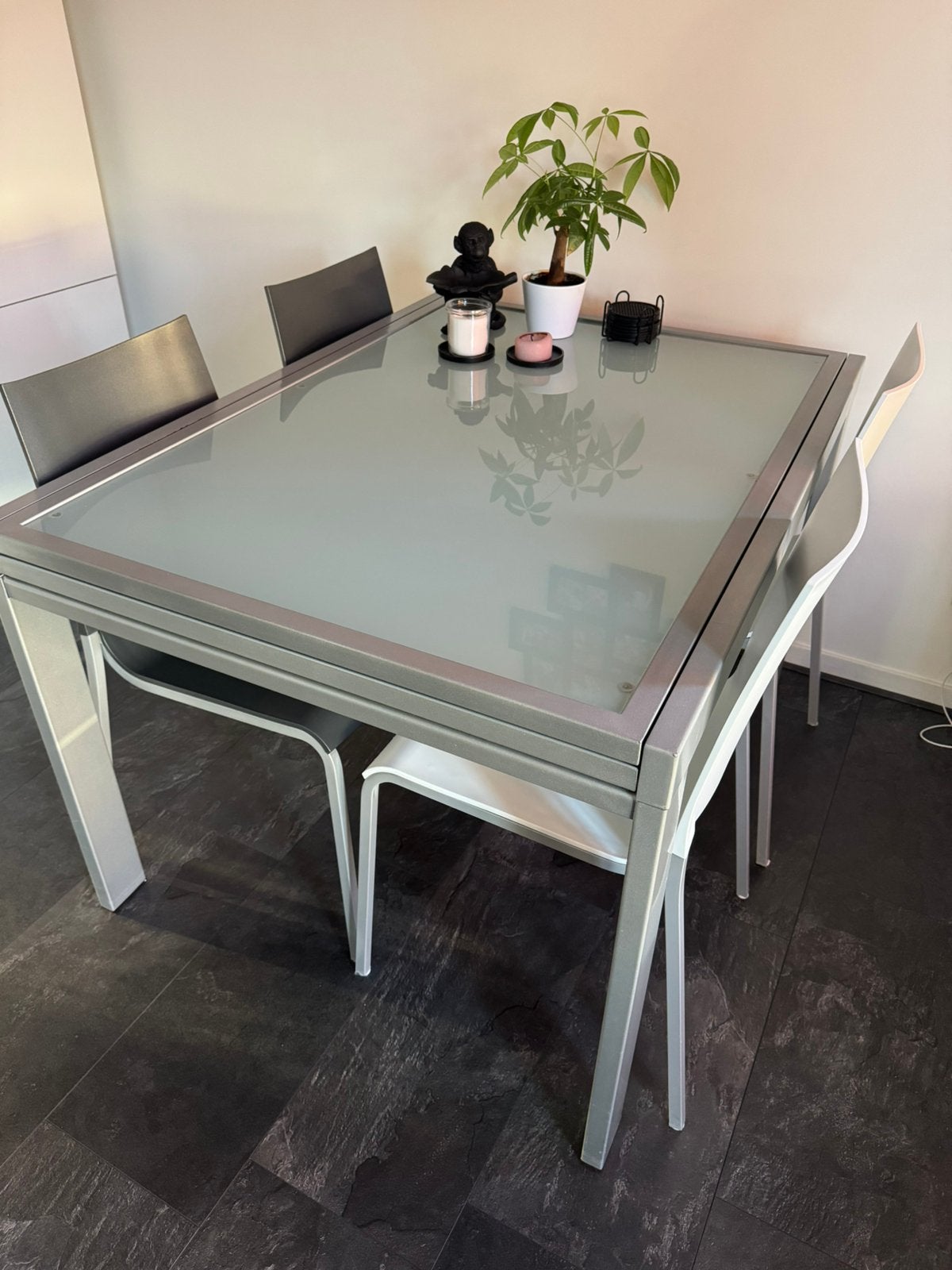 Tafel met glazen blad. 90 x 120 (240), Ophalen, 200 cm of meer, 50 tot 100 cm, Zo goed als nieuw